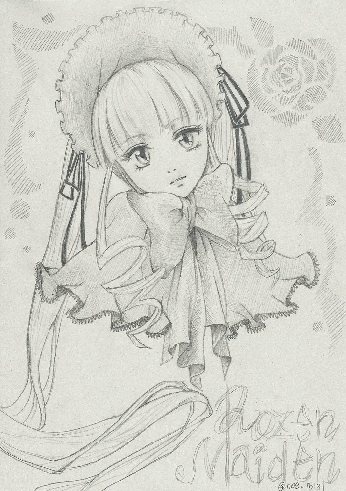 1girl bonnet bow bowtie dress drill_hair frills greyscale image long_hair long_sleeves looking_at_viewer monochrome rose shinku solo traditional_media upper_body very_long_hair