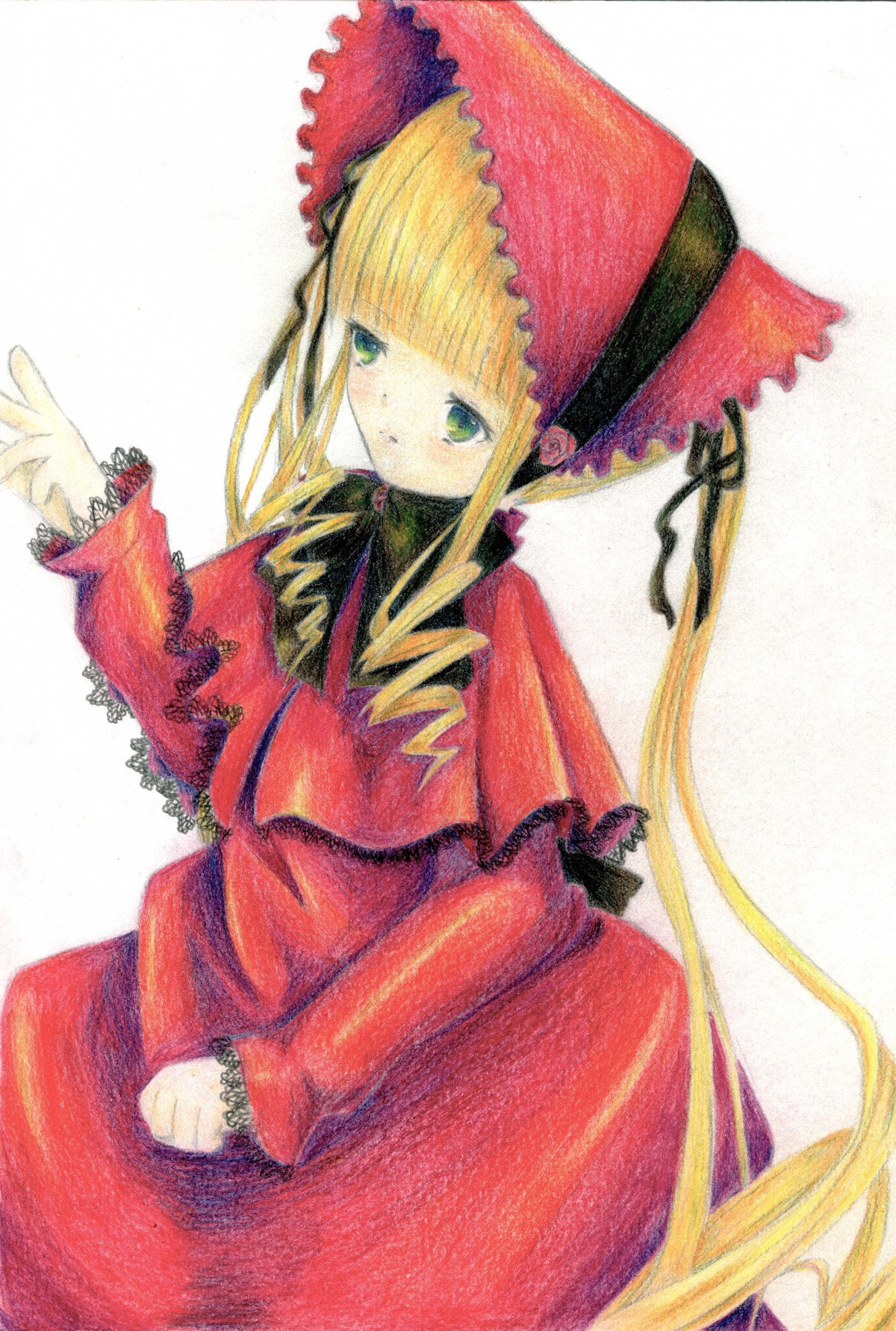 1girl blonde_hair blush bonnet bow bowtie dress frills green_eyes image long_hair long_sleeves looking_at_viewer marker_(medium) red_dress shinku simple_background solo traditional_media very_long_hair white_background