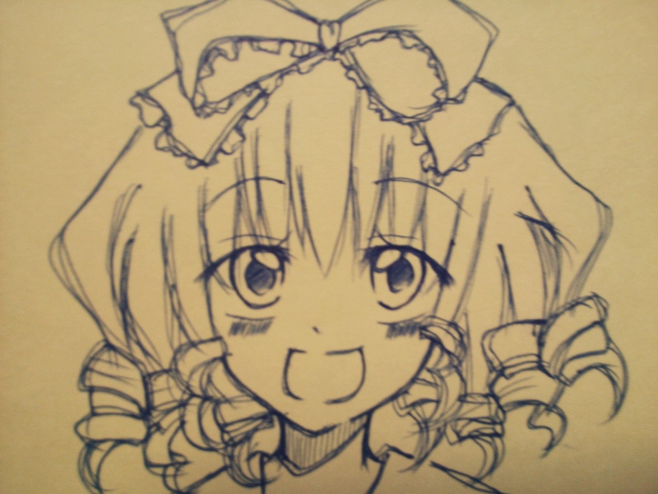 1girl :d bangs bow drill_hair eyebrows_visible_through_hair frills hair_bow hinaichigo image looking_at_viewer monochrome open_mouth portrait smile solo traditional_media