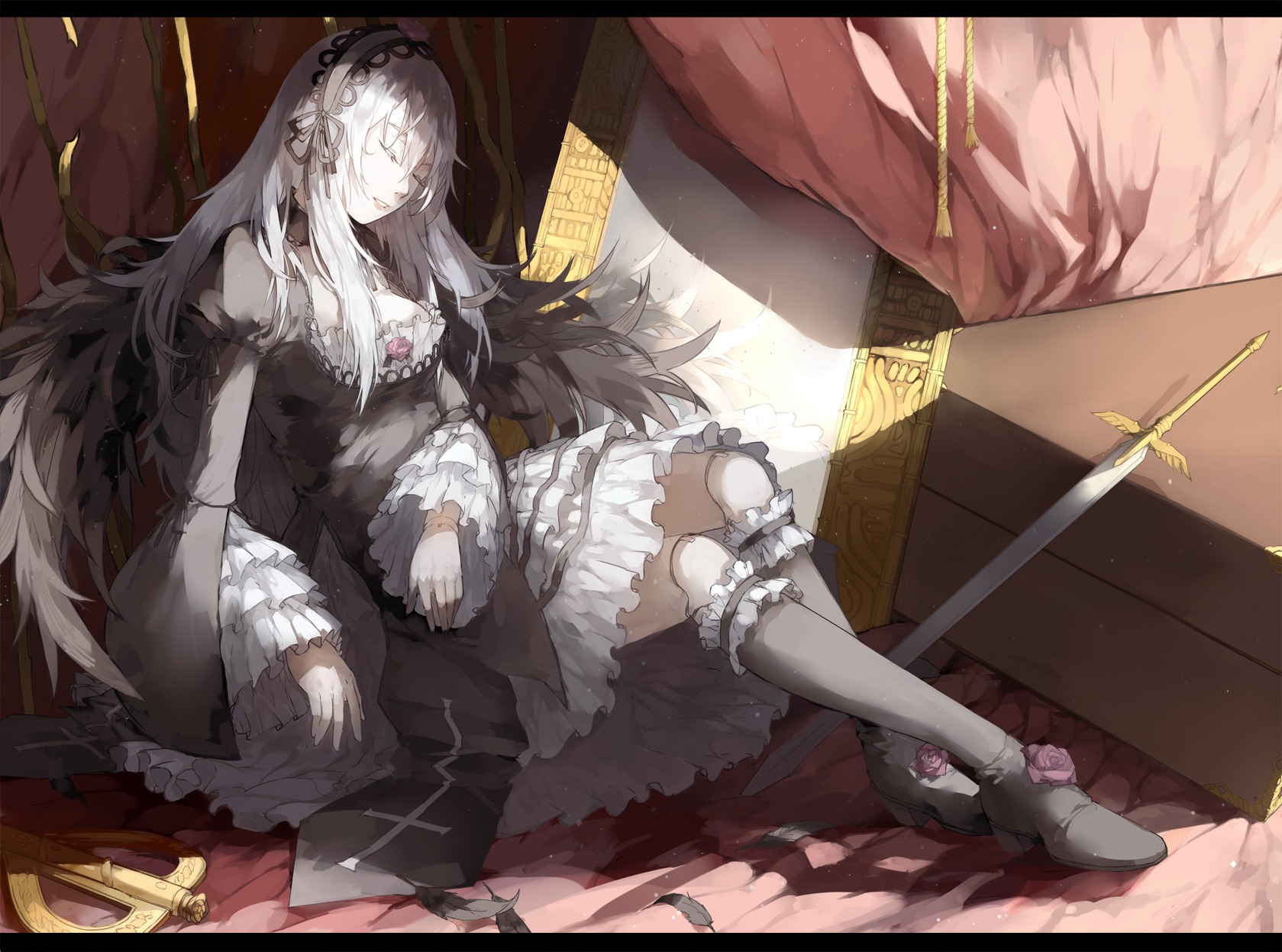 1girl boots breasts closed_eyes commentary_request cross doll_joints dress flower frills hairband highres image joints knee_boots letterboxed long_hair nine_(liuyuhao1992) photoshop_(medium) rose rozen_maiden silver_hair sitting sleeping solo suigintou sword very_long_hair weapon wide_sleeves wings