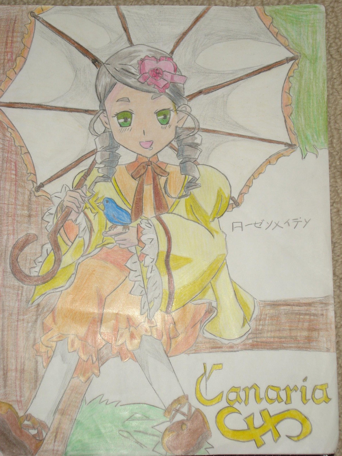 1girl black_umbrella dress drill_hair flower frills green_eyes hair_ornament holding holding_umbrella image kanaria long_hair long_sleeves open_mouth parasol rain red_umbrella shared_umbrella smile solo traditional_media transparent_umbrella twin_drills umbrella watercolor_(medium)