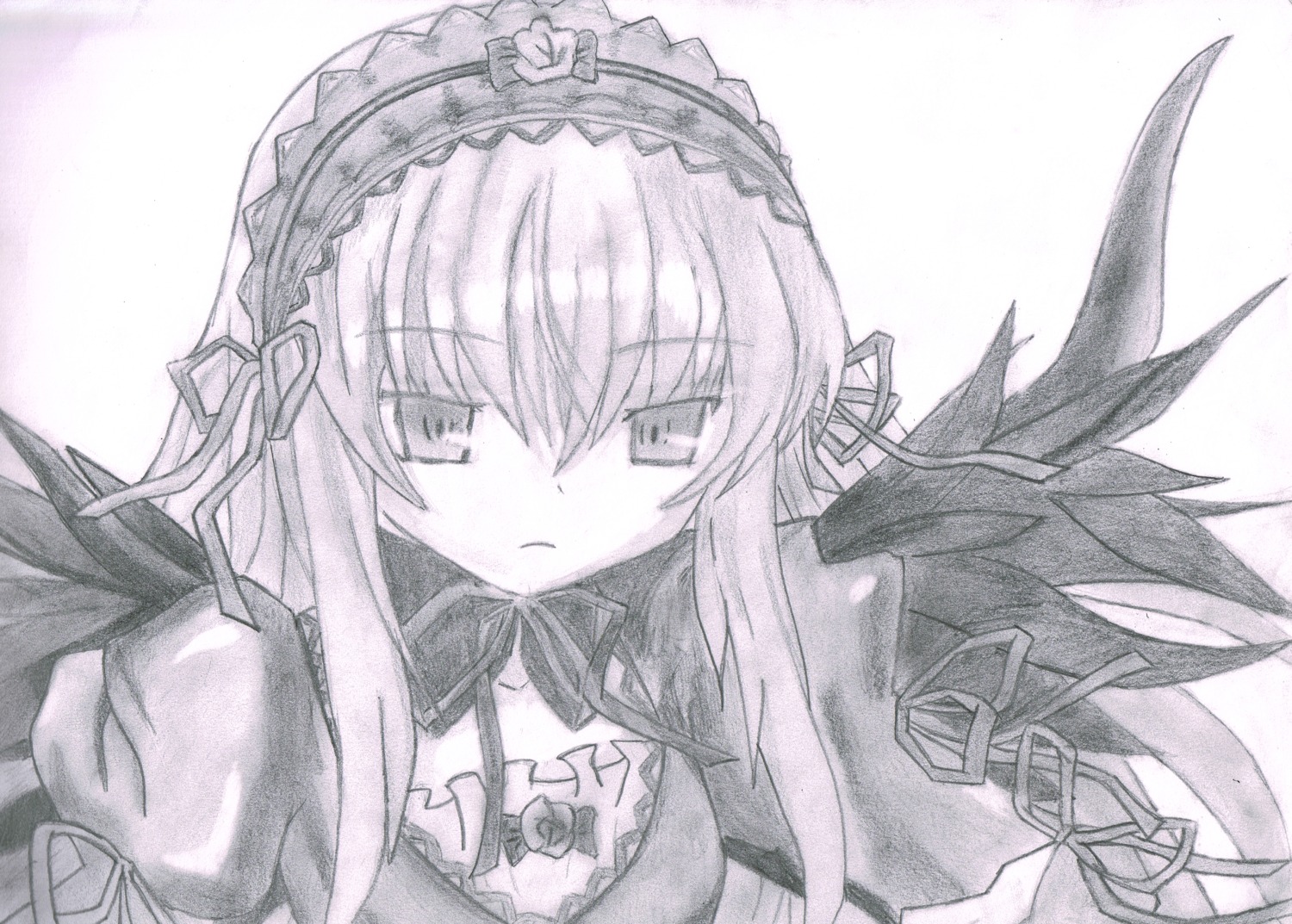 1girl black_wings dress frown hairband image long_hair looking_at_viewer monochrome ribbon solo suigintou traditional_media upper_body wings