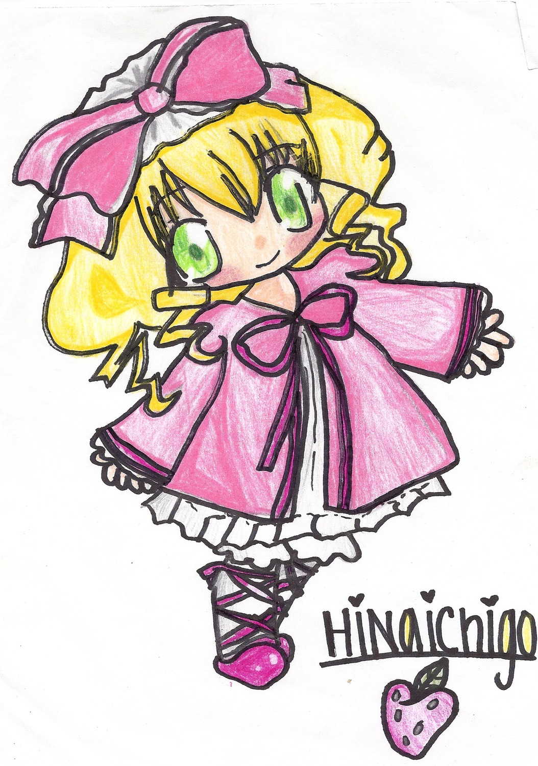 1girl blonde_hair blush bow character_name chibi dress frills full_body green_eyes hina_ichigo hinaichigo image long_sleeves looking_at_viewer pink_bow pink_dress pink_footwear short_hair smile solo standing traditional_media white_background