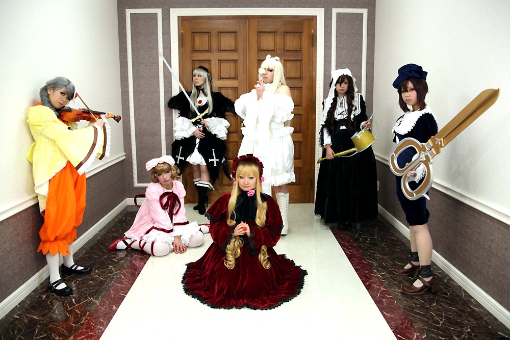 blonde_hair brown_hair dress gun hat long_hair multiple_boys multiple_cosplay multiple_girls sword tagme weapon
