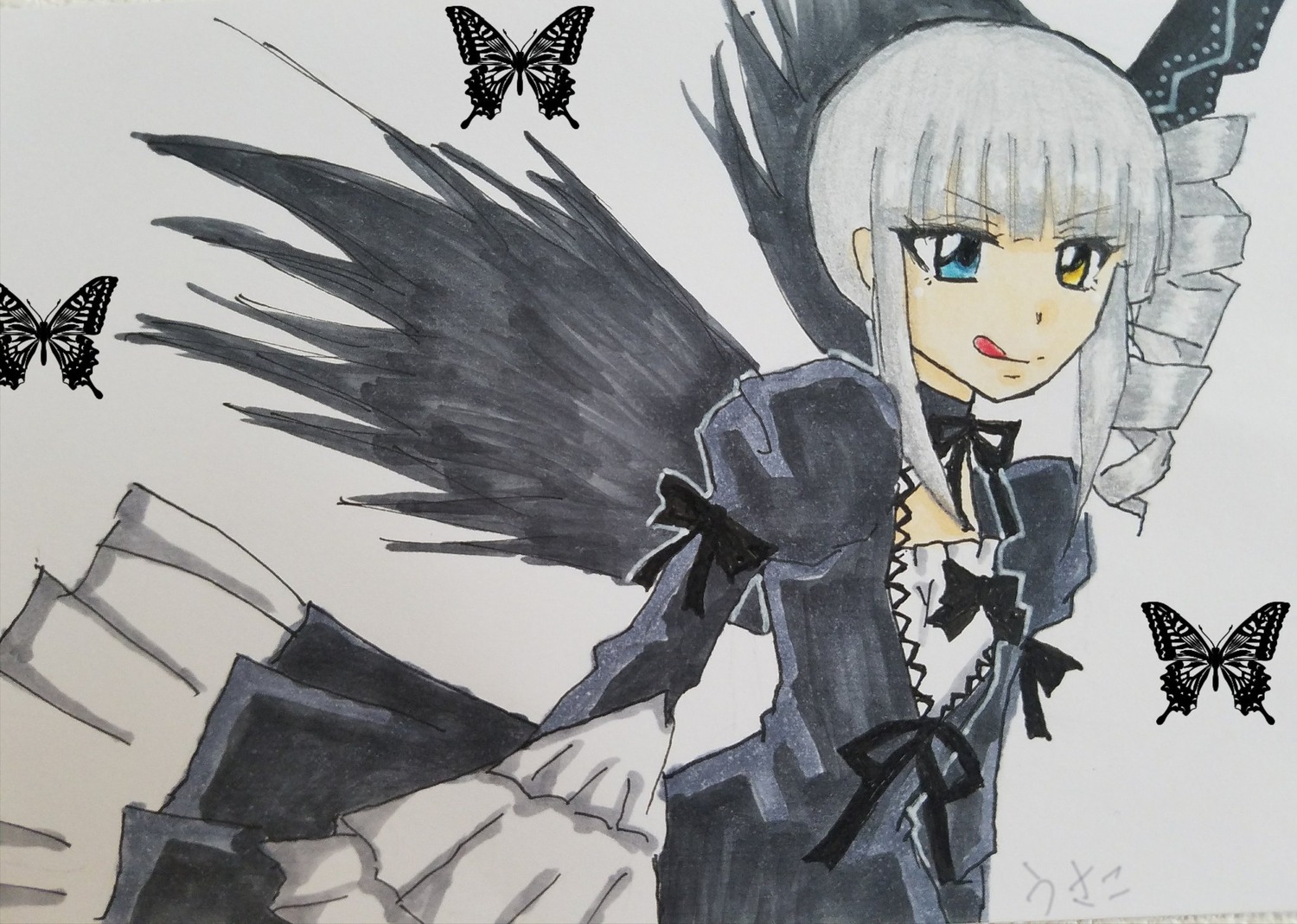1girl blue_butterfly blue_eyes bug butterfly butterfly_hair_ornament butterfly_print butterfly_wings dragonfly dress drill_hair heterochromia image insect long_hair long_sleeves solo squiggle suigintou tongue tongue_out wings yellow_eyes