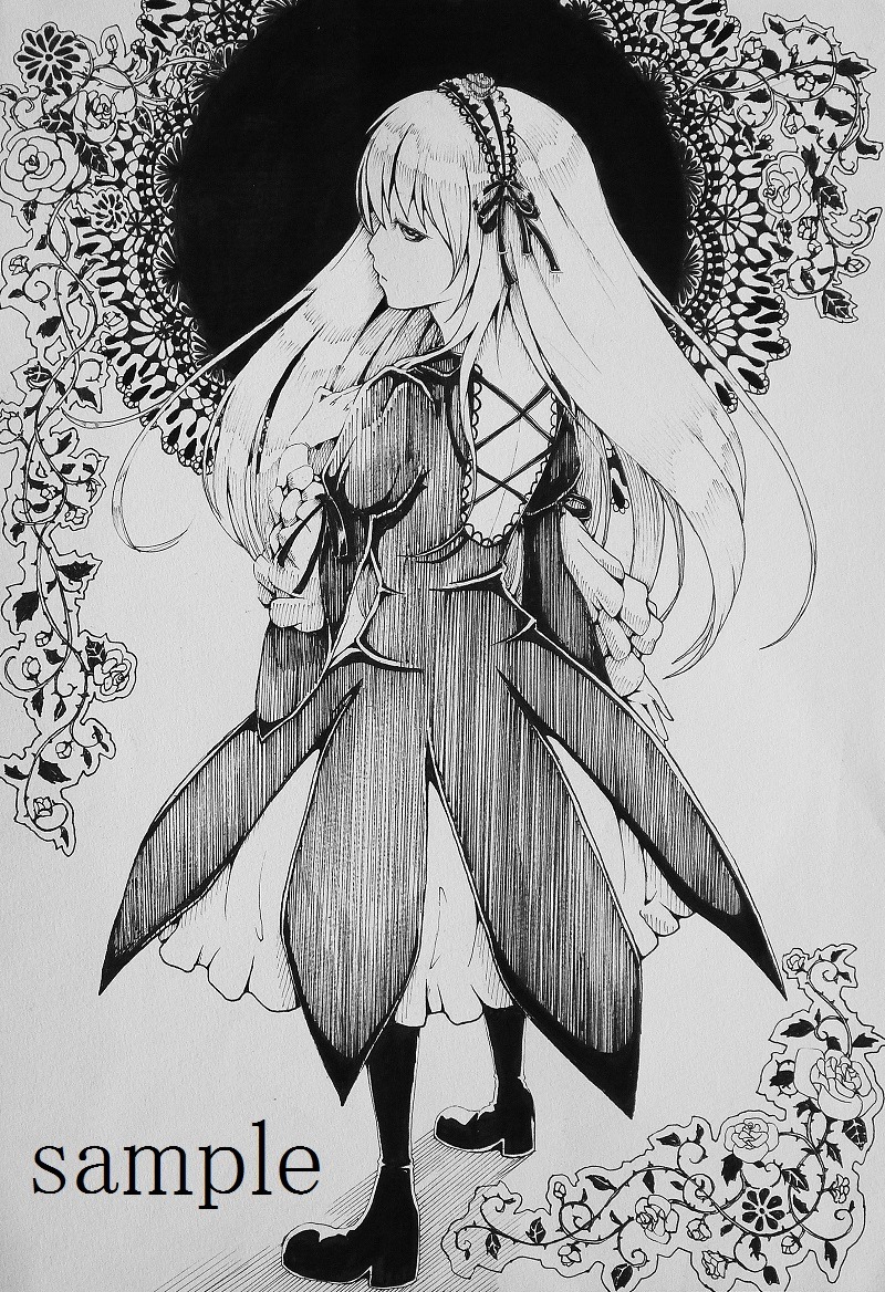 1girl boots dress flower full_body greyscale hairband image long_hair long_sleeves monochrome rose solo standing suigintou traditional_media