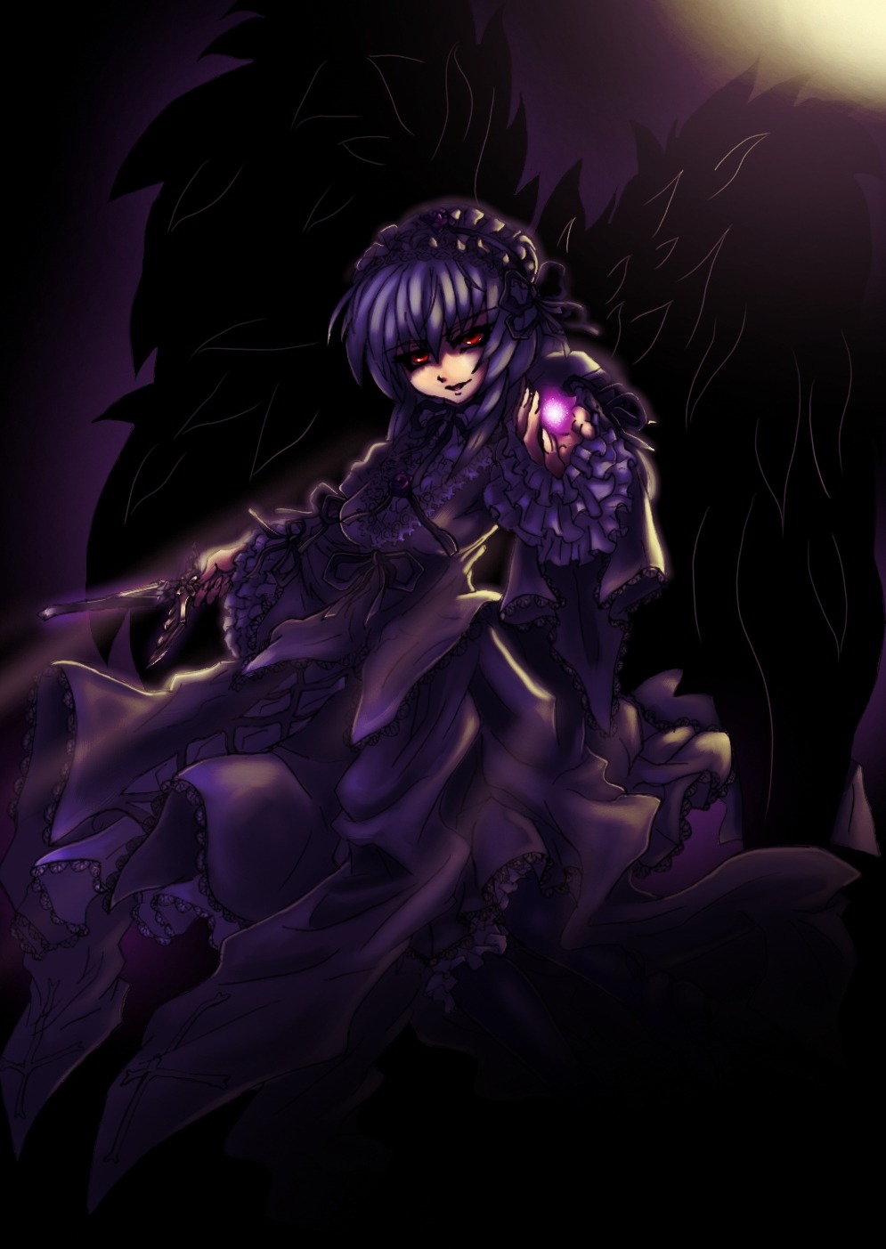 1girl armor dress frills image looking_at_viewer red_eyes smile solo suigintou wings