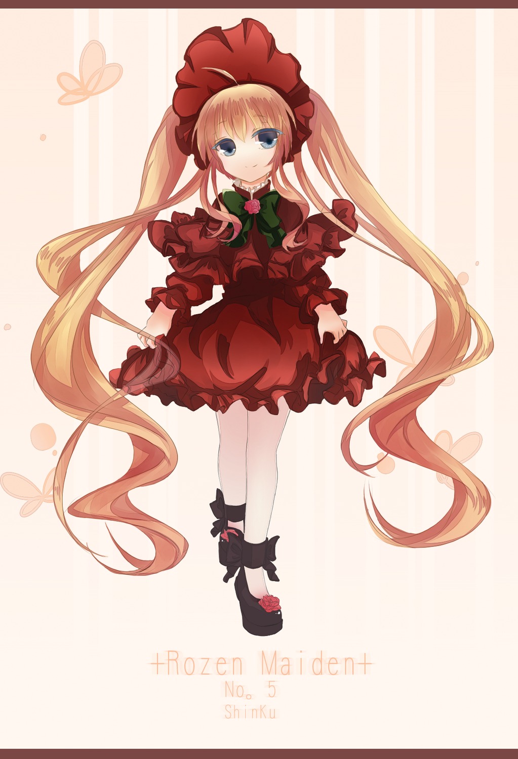 1girl blonde_hair blue_eyes bonnet bow bowtie cup dress full_body image long_hair long_sleeves pantyhose shinku shoes solo standing striped striped_background twintails very_long_hair white_legwear