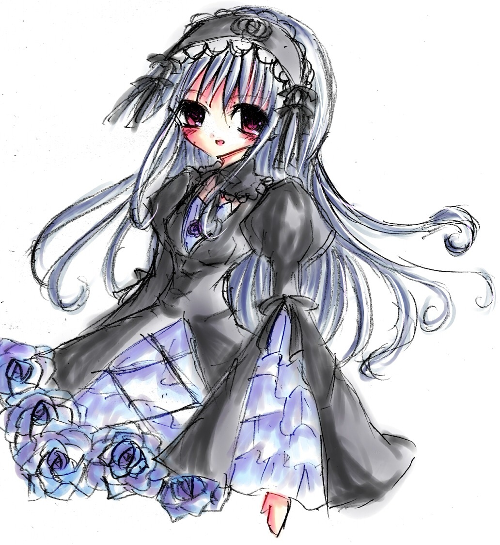 1girl :d black_dress blue_flower blue_rose blush dress flower frills hairband image lolita_hairband long_hair long_sleeves looking_at_viewer open_mouth pink_eyes purple_rose rose silver_hair simple_background smile solo suigintou very_long_hair white_background wings
