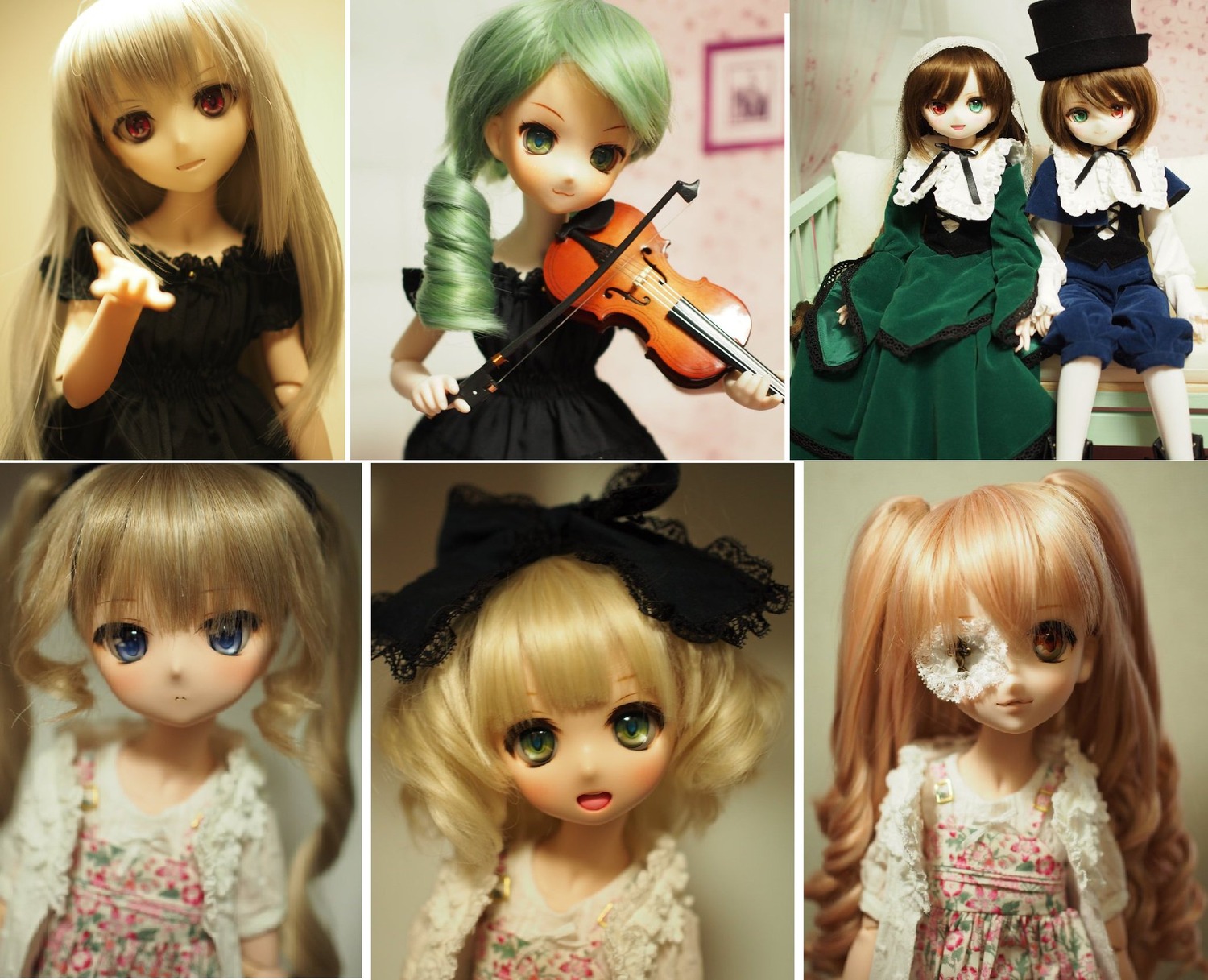 6+girls blonde_hair blue_eyes bow brown_hair doll dress green_eyes green_hair guitar hat instrument long_hair multiple_dolls multiple_girls musical_note red_eyes ribbon short_hair smile souseiseki suiseiseki tagme twins twintails violin