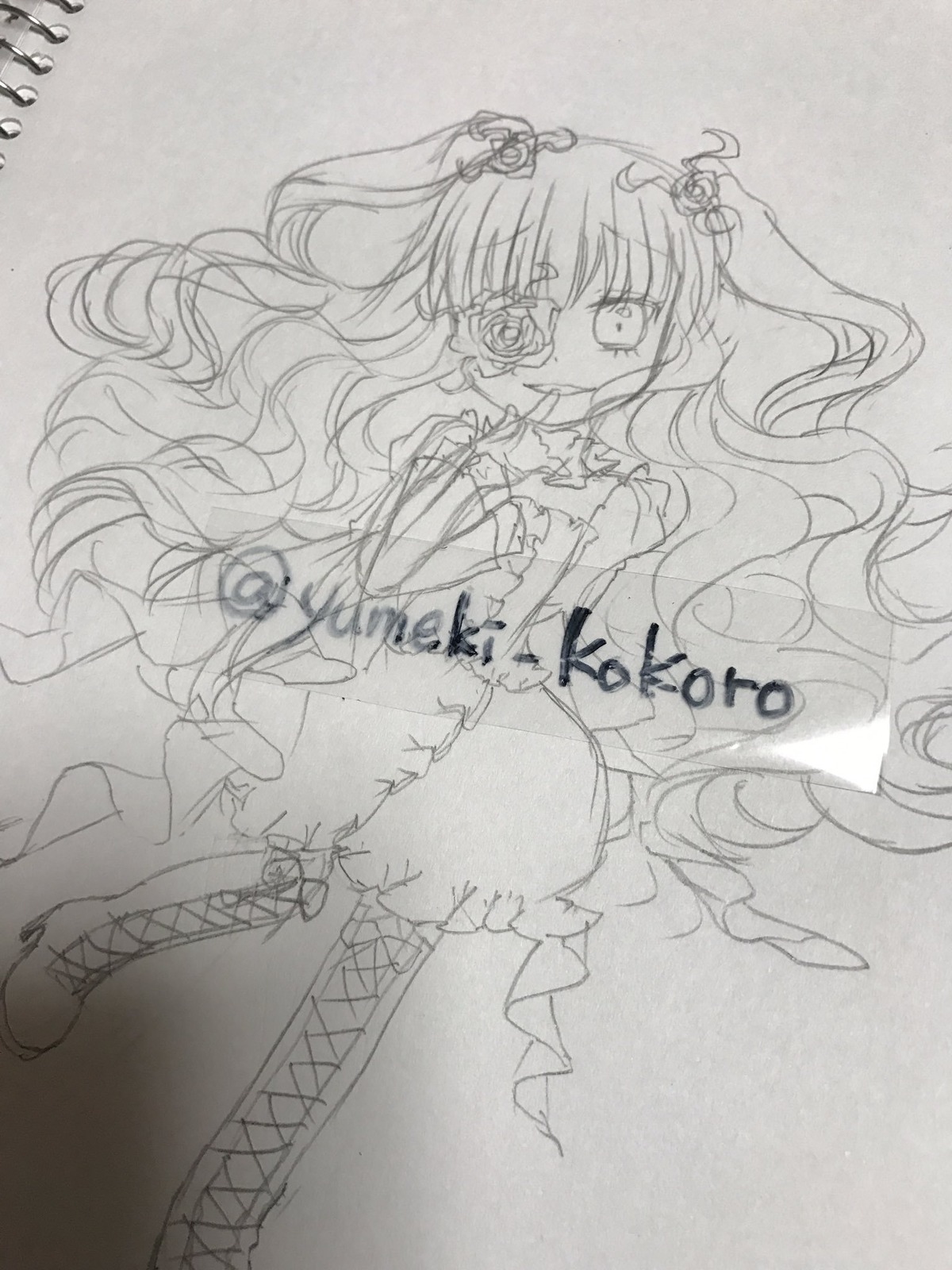 1girl boots cross-laced_footwear dress eyepatch flower frills greyscale hair_ornament image kirakishou long_hair monochrome rose solo thorns traditional_media