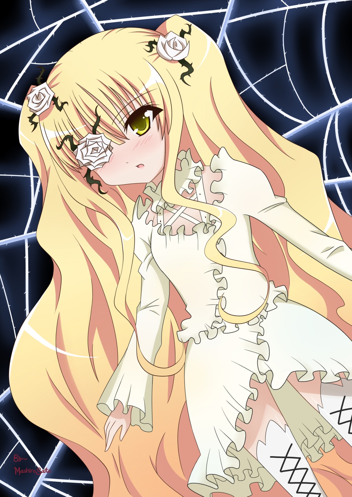 1girl blonde_hair blush doll_joints dress eyepatch flower hair_flower hair_ornament image kirakishou long_hair rose silk solo spider_web thighhighs thorns very_long_hair white_flower white_rose yellow_eyes