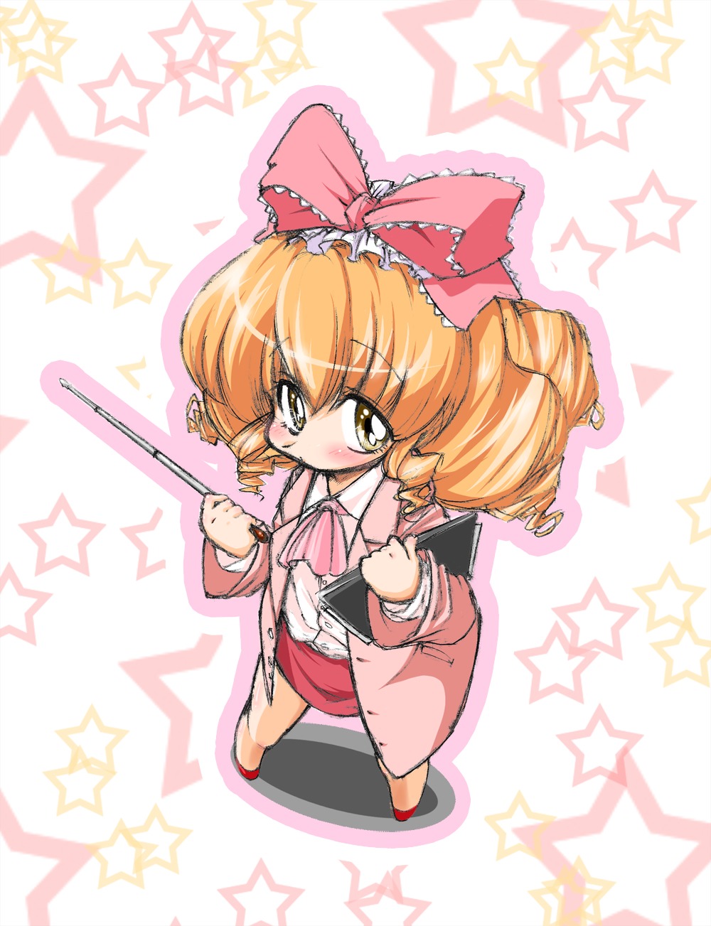 1girl blonde_hair blush bow chibi cross drill_hair full_body hair_bow hinaichigo image long_sleeves pink_bow ribbon shadow solo standing star_(symbol) star_hair_ornament star_necklace star_print starfish starry_background striped wand yellow_eyes