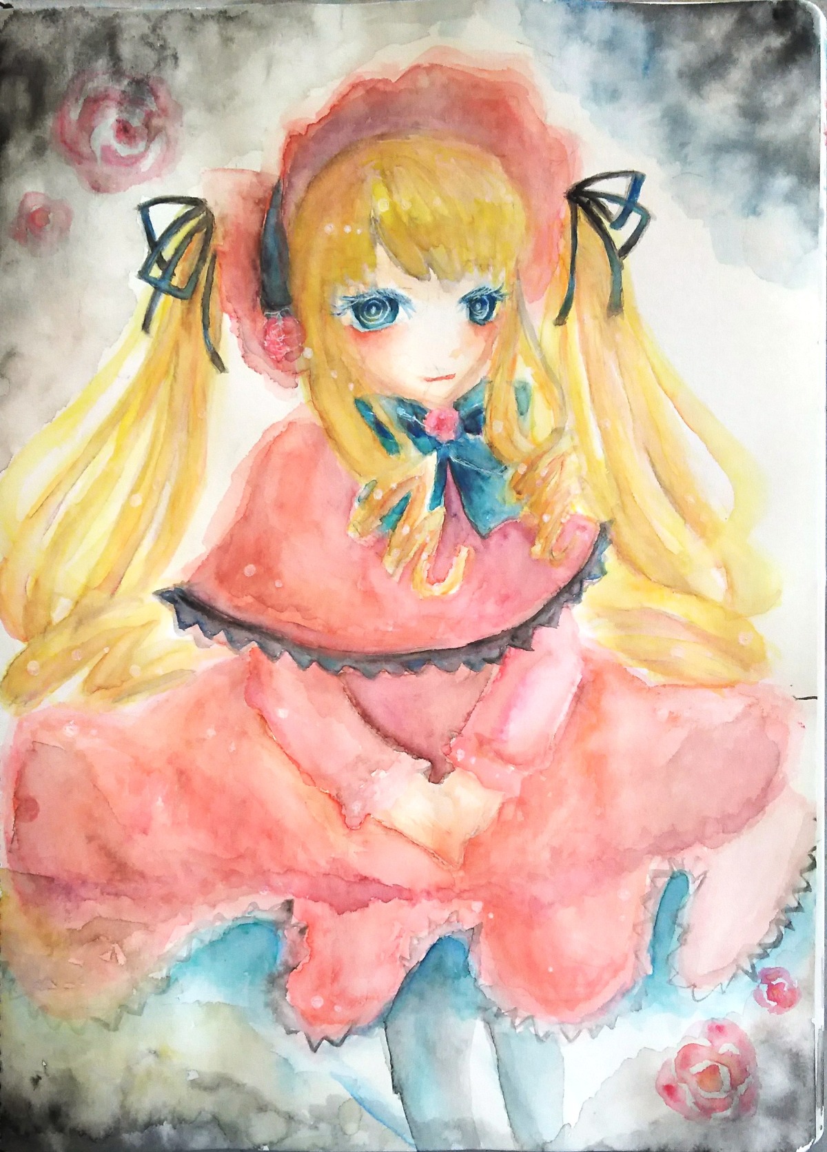 1girl blonde_hair blue_eyes blush bonnet bow capelet dress drill_hair flower frills image long_hair long_sleeves looking_at_viewer photo ribbon rose shinku solo traditional_media twin_drills twintails very_long_hair watercolor_(medium)