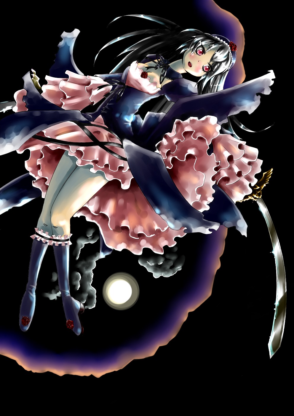 1girl auto_tagged boots dress frills full_body full_moon image knee_boots long_hair moon open_mouth red_eyes solo suigintou transparent_background