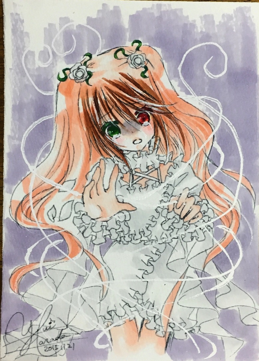 1girl costume_switch dress flower frills green_eyes heterochromia image long_hair long_sleeves looking_at_viewer marker_(medium) red_eyes rose solo suiseiseki tears traditional_media