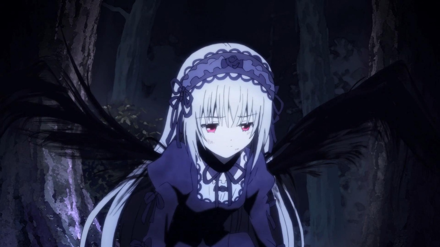 1girl bangs black_dress black_ribbon black_wings closed_mouth detached_collar dress eyebrows_visible_through_hair frills hairband image juliet_sleeves long_hair long_sleeves looking_at_viewer night outdoors puffy_sleeves red_eyes ribbon solo suigintou tree very_long_hair wings