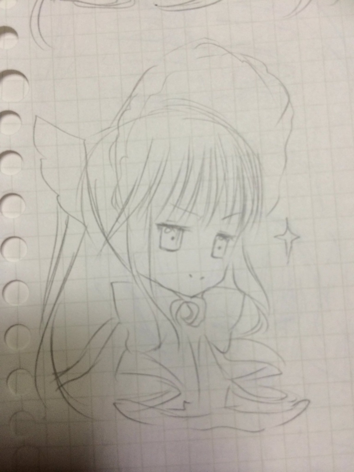 1girl greyscale image long_hair monochrome shinku sketch solo sparkle tears traditional_media