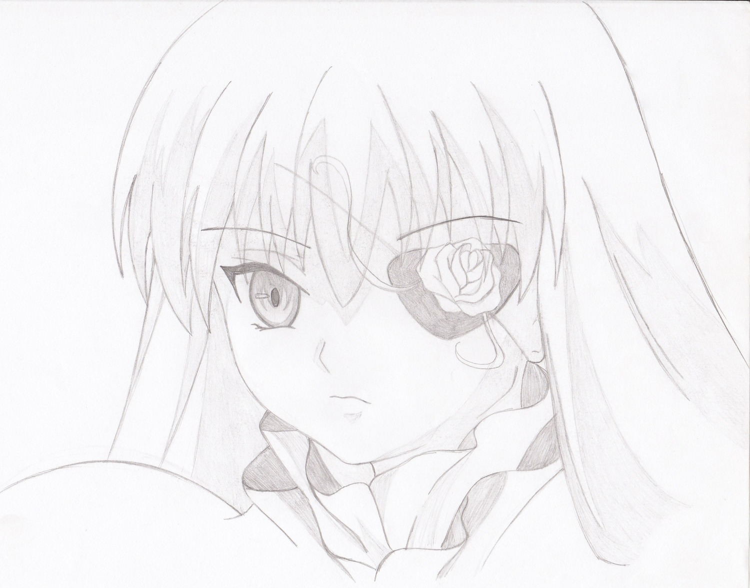 1girl barasuishou eyepatch flower frown greyscale image monochrome rose simple_background solo white_background