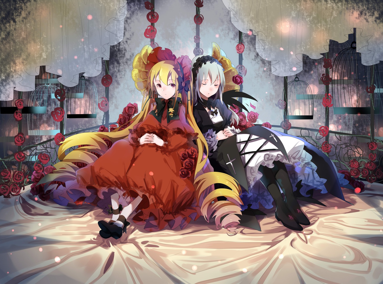 2girls absurdres birdcage black_legwear blonde_hair bonnet cage closed_eyes commentary_request cross curtains dress drill_hair expressionless flower frills gothic_lolita highres image lolita_fashion long_hair multiple_girls pair pantyhose red_eyes red_flower red_rose rose rozen_maiden shinku sitting sleeping suigintou twintails very_long_hair white_legwear xiaonuo_(1906803064)