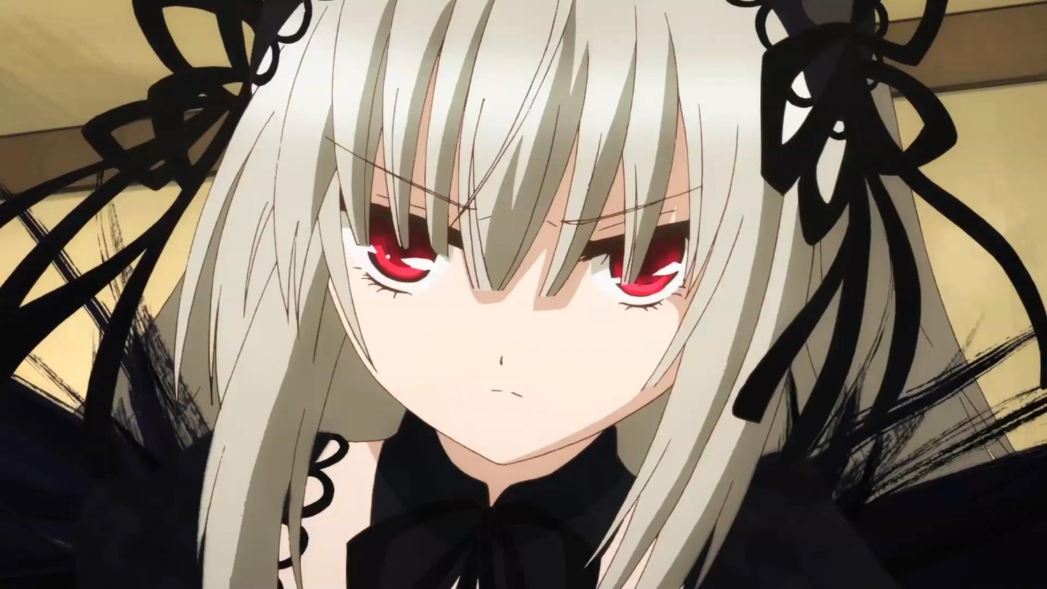 1girl bangs black_dress black_ribbon closed_mouth dress expressionless flower hair_ribbon image long_hair looking_at_viewer red_eyes ribbon rose silver_hair solo suigintou