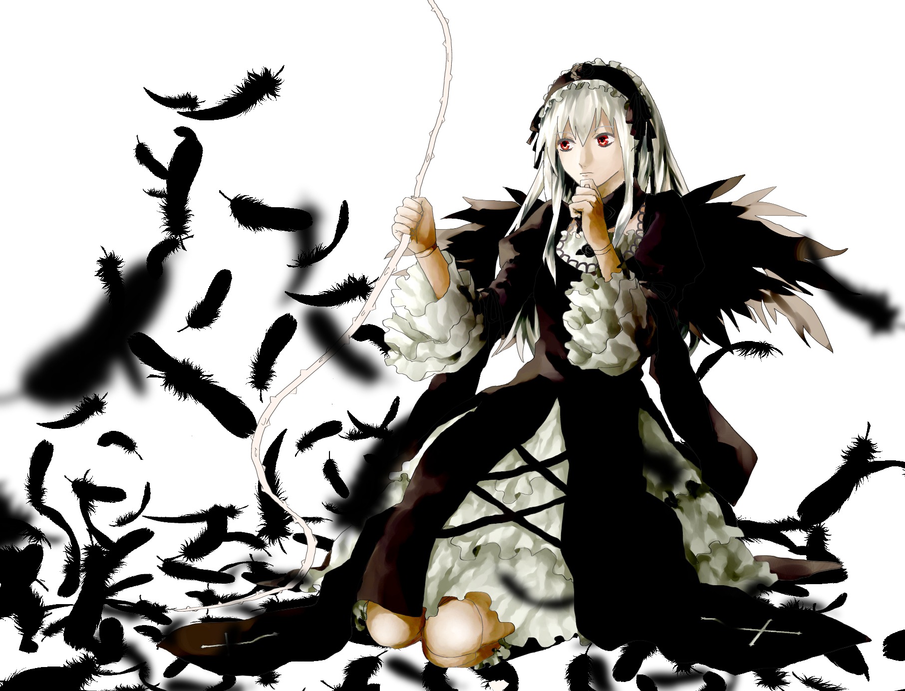 1girl bird black_wings dress feathers flower frilled_sleeves frills hairband image long_hair long_sleeves looking_at_viewer red_eyes ribbon rose silver_hair solo suigintou white_background wings