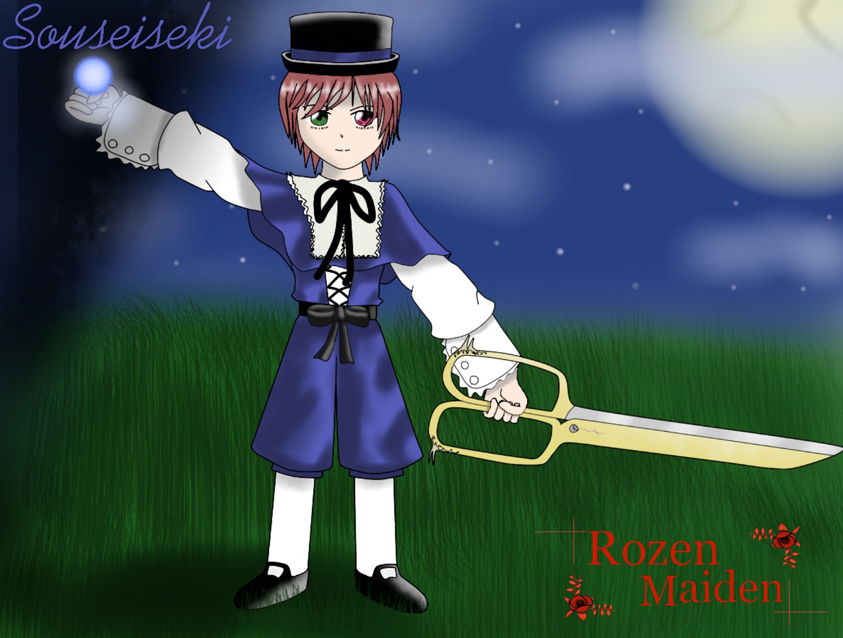 1girl blue_dress character_name grass green_eyes hat heterochromia holding holding_sword image long_sleeves night outdoors outstretched_arm pantyhose red_eyes ribbon short_hair solo souseiseki standing sword weapon white_legwear