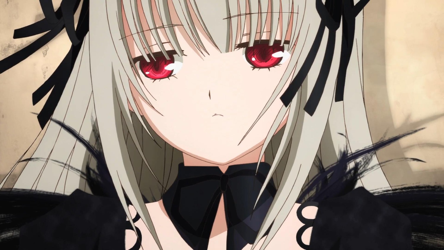 1girl bangs black_dress black_ribbon blush closed_mouth detached_collar dress eyebrows_visible_through_hair hair_ribbon image long_hair looking_at_viewer portrait pout red_eyes ribbon silver_hair solo suigintou