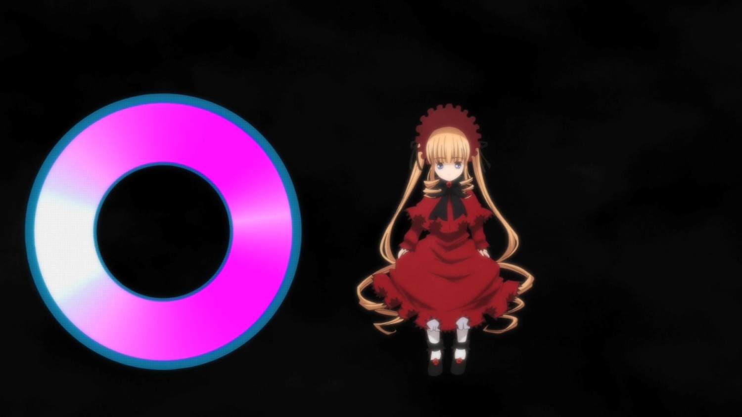 1girl black_background blonde_hair blue_eyes bonnet bow dress flower full_body image long_hair long_sleeves moon red_dress shinku shoes solo twintails very_long_hair