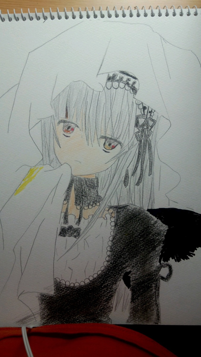 1girl auto_tagged bangs closed_mouth dress eyebrows_visible_through_hair hair_between_eyes image long_hair long_sleeves looking_at_viewer red_eyes simple_background solo suigintou traditional_media veil virtual_youtuber
