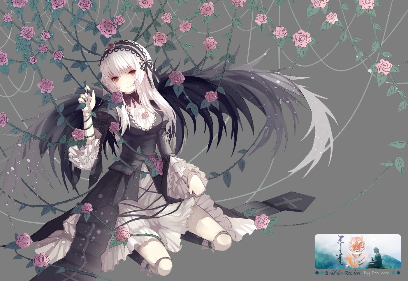 1girl dress flower gothic_lolita hairband image joints lolita_fashion long_hair looking_at_viewer pink_flower pink_rose plant purple_flower purple_rose red_eyes red_flower red_rose rose solo suigintou thorns very_long_hair vines wings