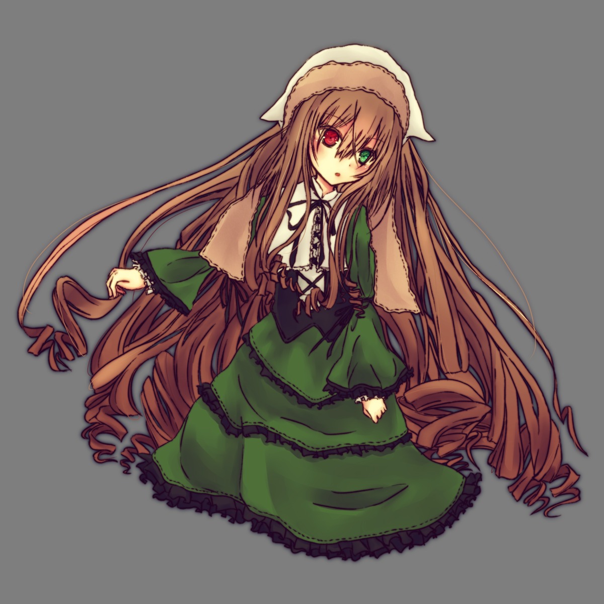 1girl brown_hair dress drill_hair frills full_body green_dress green_eyes hat heterochromia image long_hair long_sleeves looking_at_viewer red_eyes solo standing suiseiseki transparent_background twin_drills very_long_hair