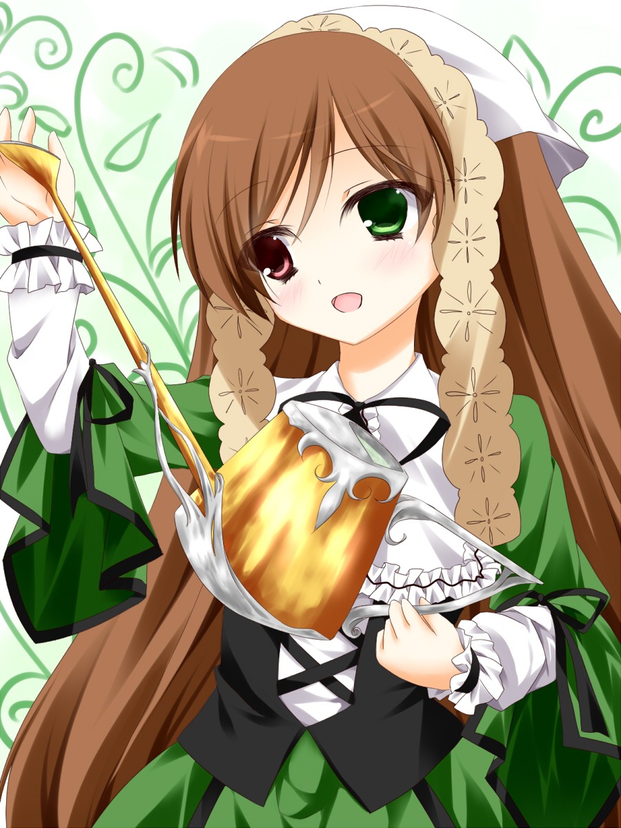 1girl :d blush brown_hair dress frills green_dress green_eyes head_scarf heterochromia image long_hair long_sleeves open_mouth red_eyes ribbon smile solo suiseiseki twintails very_long_hair watering_can