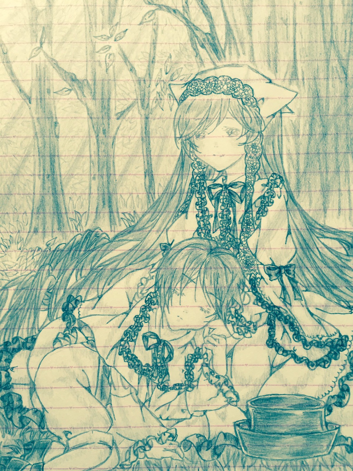 2girls blue_theme bow crying dress frills graphite_(medium) image long_hair monochrome multiple_girls pair sleepingcastle souseiseki suiseiseki tears traditional_media