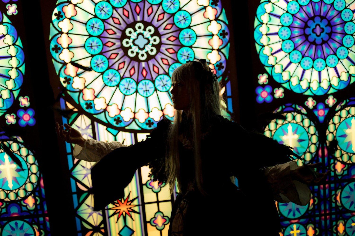 1girl abstract akemi_homura akuma_homura black_hair dress feathered_wings flower long_hair magical_girl miki_sayaka solo stained_glass suigintou wings