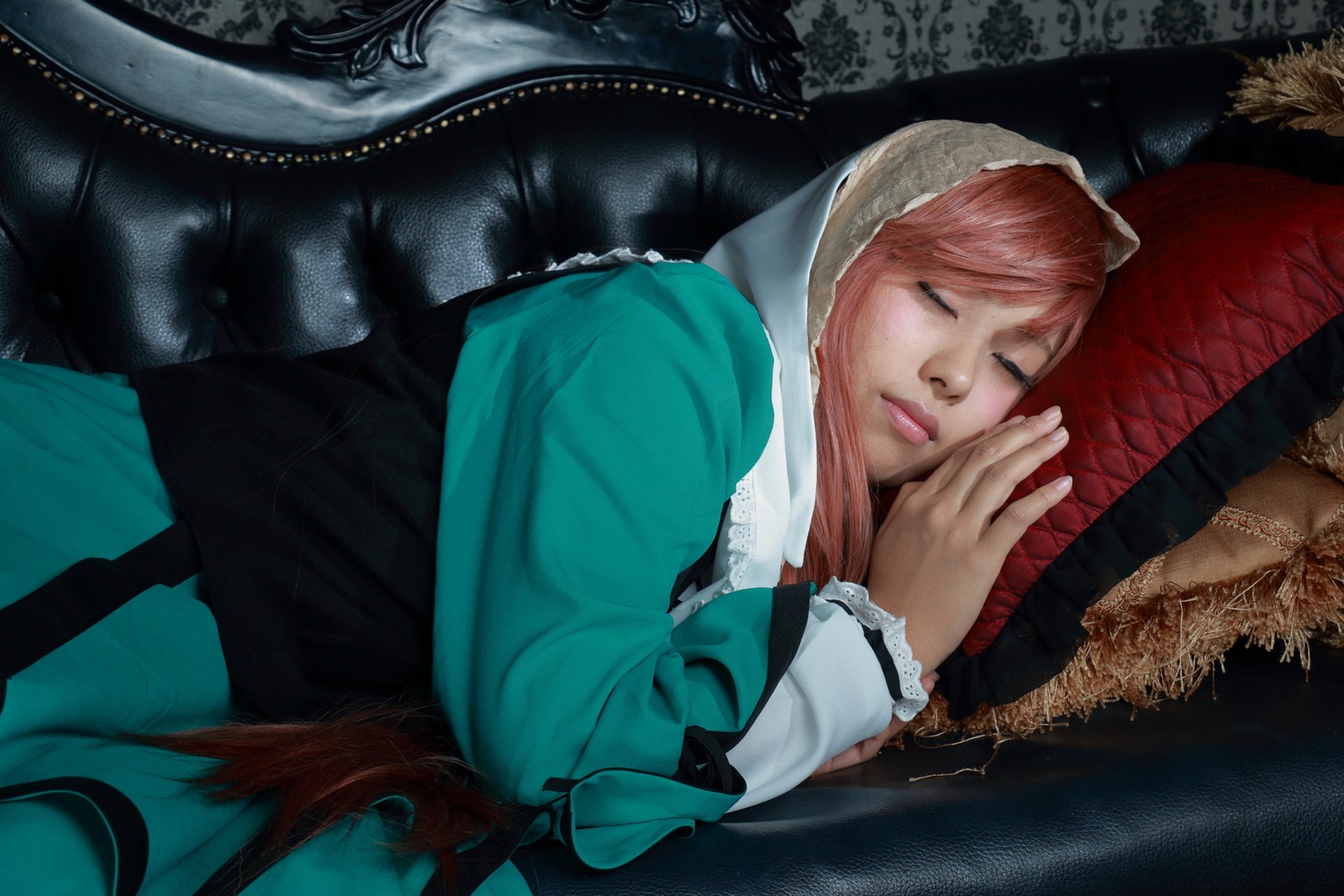 1girl closed_eyes closed_mouth couch hood lips long_sleeves lying pink_hair realistic solo suiseiseki