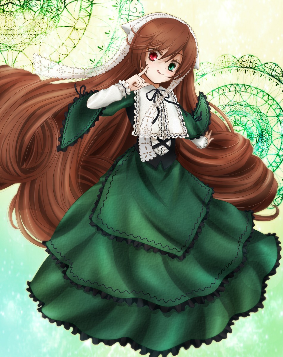 1girl brown_hair dress frills green_dress green_eyes heterochromia image long_hair long_sleeves looking_at_viewer red_eyes solo suiseiseki tongue tongue_out twintails very_long_hair