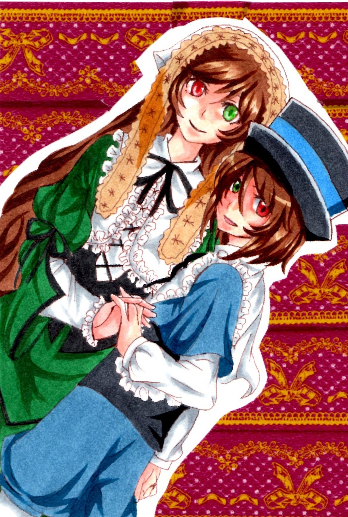 2girls brown_hair dress frills green_dress green_eyes hat head_scarf heterochromia holding_hands image interlocked_fingers long_hair long_sleeves looking_at_viewer multiple_girls open_mouth pair red_eyes short_hair siblings sisters smile souseiseki suiseiseki top_hat twins very_long_hair