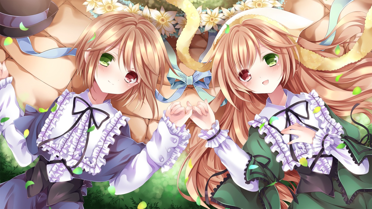 2girls :d blush bow brown_hair commentary_request dress flower frilled_sleeves frills green_eyes hand_on_own_chest hat heterochromia holding_hands image long_hair long_sleeves looking_at_viewer lying multiple_girls neck_ribbon nogi_takayoshi on_back open_mouth pair photoshop_(medium) pinky_swear red_eyes ribbon rozen_maiden short_hair siblings sisters smile souseiseki suiseiseki twins