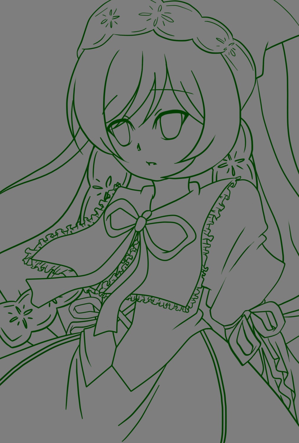 1girl dress green_theme hat image lineart long_hair monochrome neck_ribbon ribbon solo suiseiseki