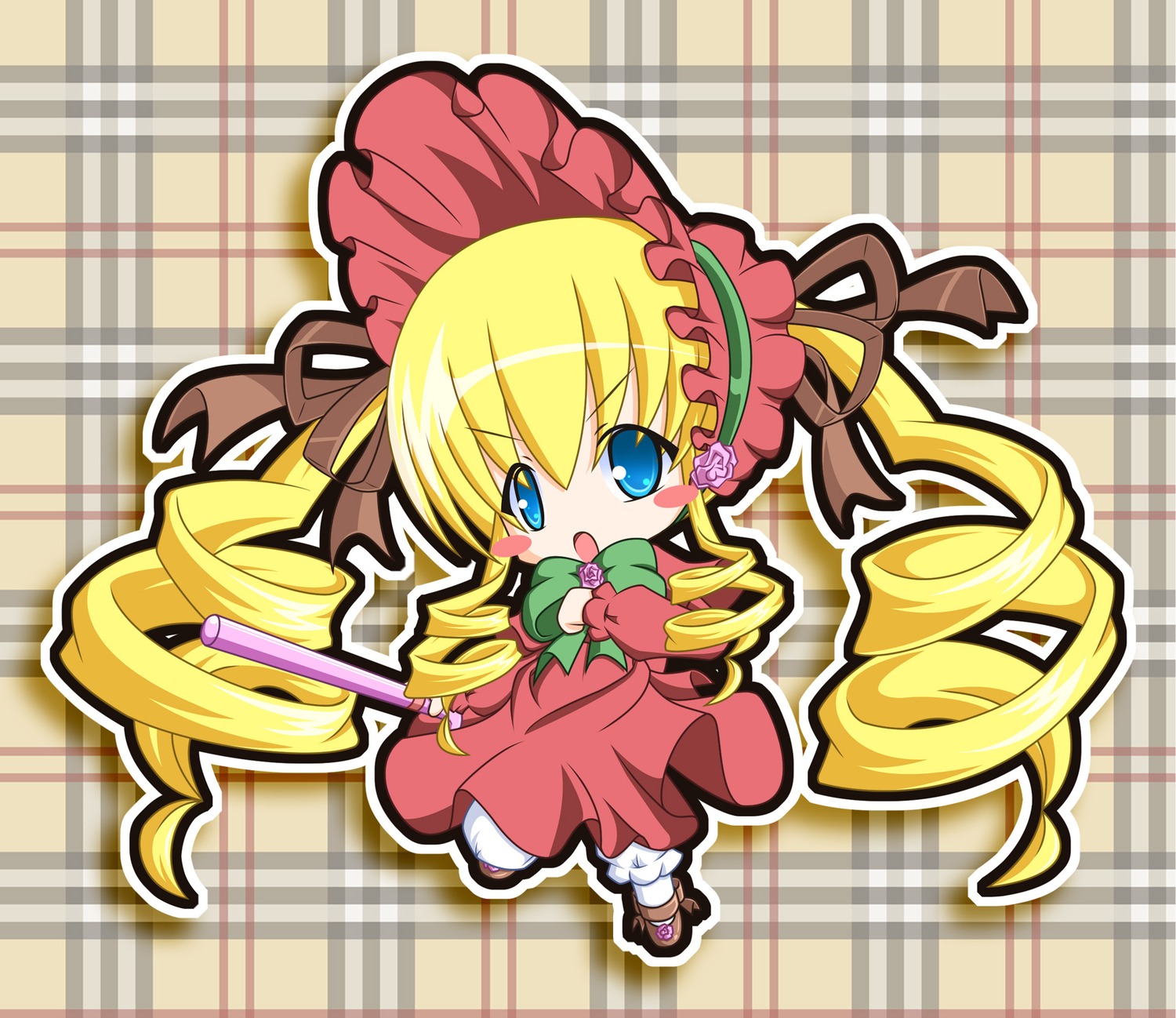 1girl blonde_hair blue_eyes bonnet bow chibi cup dress drill_hair flower full_body holding image long_hair long_sleeves looking_at_viewer open_mouth pink_flower pink_rose plaid plaid_background red_dress rose shinku solo twin_drills twintails very_long_hair