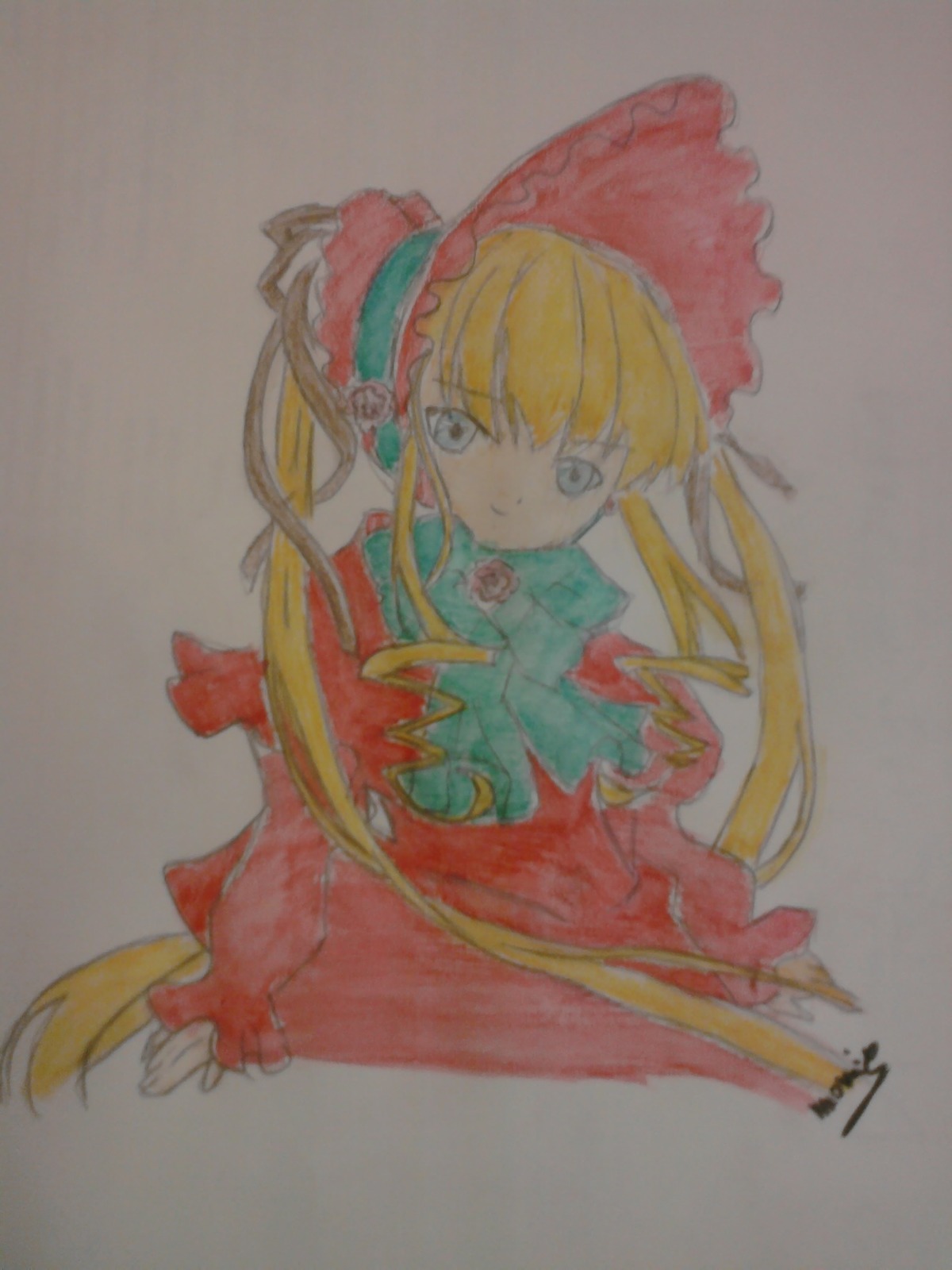 1girl blonde_hair blue_eyes bonnet bow dress flower full_body image long_hair long_sleeves looking_at_viewer marker_(medium) photo red_dress rose shinku simple_background solo traditional_media twintails very_long_hair watercolor_(medium)