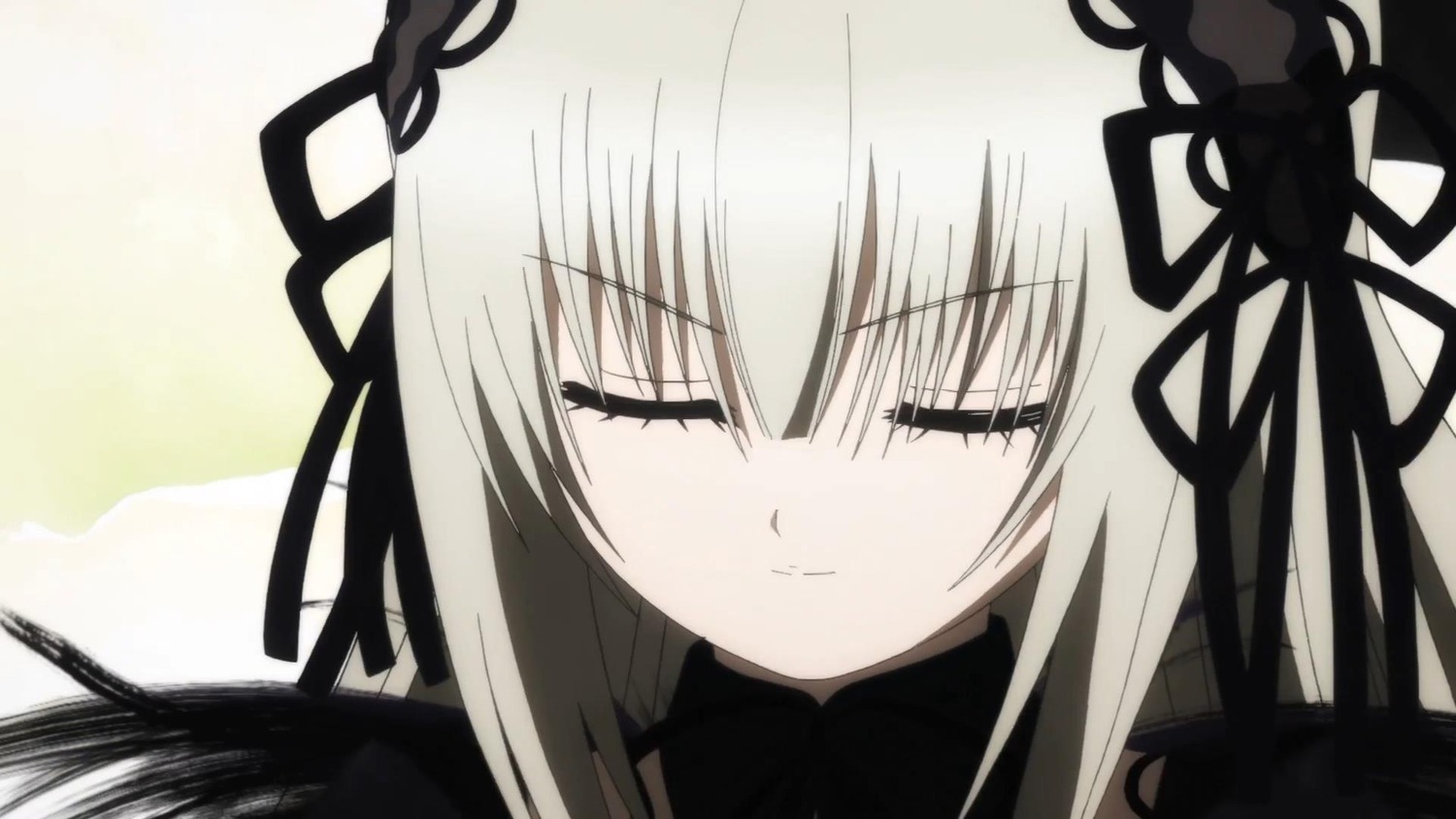 1girl bangs black_dress black_ribbon black_wings blush close-up closed_eyes closed_mouth dress eyebrows_visible_through_hair hair_ribbon image long_hair ribbon silver_hair simple_background smile solo suigintou