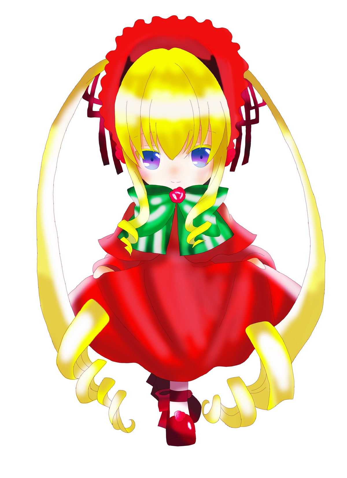 1girl blonde_hair blue_eyes blush bonnet bow capelet dress drill_hair full_body image long_hair red_dress ringlets shinku solo standing twin_drills twintails