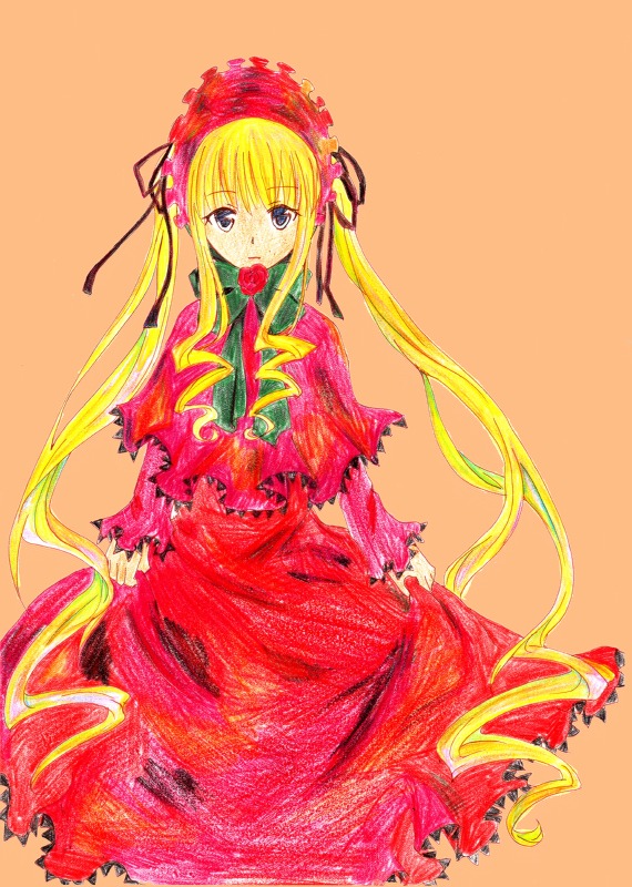 1girl blonde_hair blue_eyes capelet dress flower hair_ribbon image long_hair long_sleeves looking_at_viewer mouth_hold pink_rose red_dress rose shinku simple_background solo torn_clothes traditional_media twintails very_long_hair