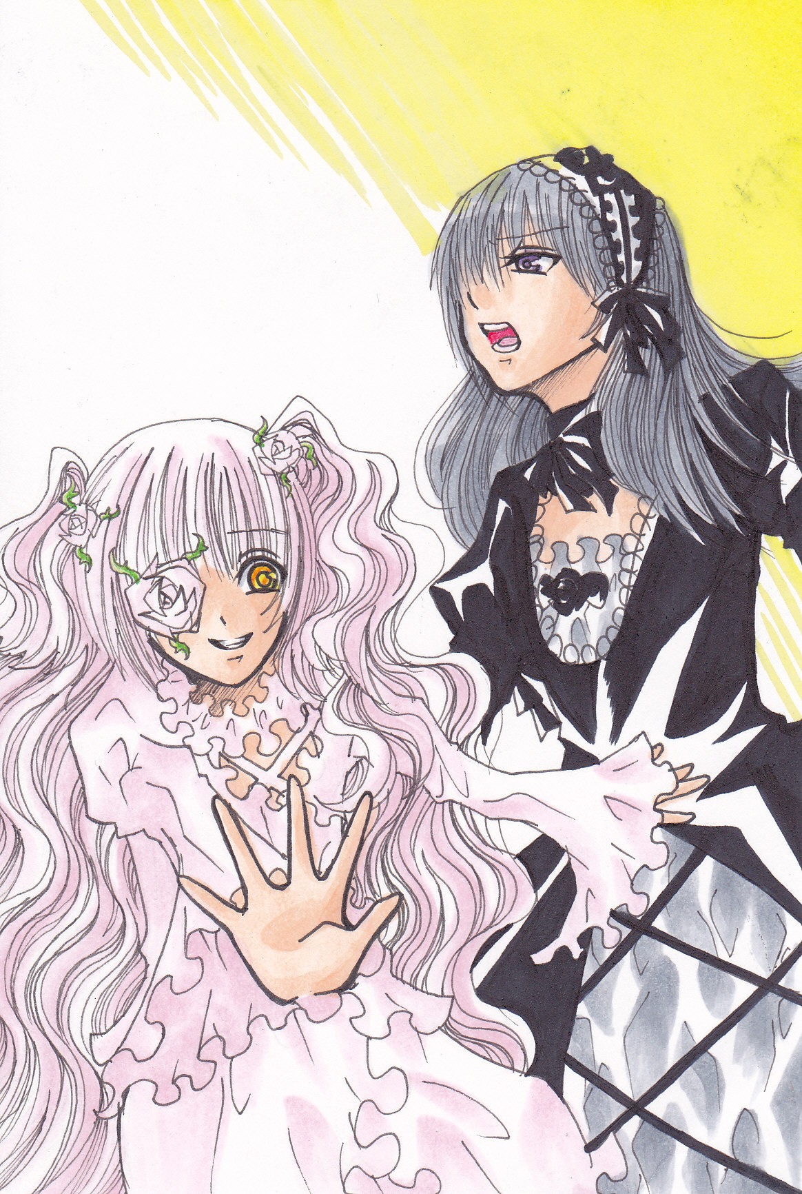 2girls black_dress dress eyepatch flower frills hair_flower image kirakishou lolita_fashion long_hair long_sleeves marker_(medium) multiple_girls pair pink_hair purple_eyes rose silver_hair suigintou traditional_media yellow_eyes