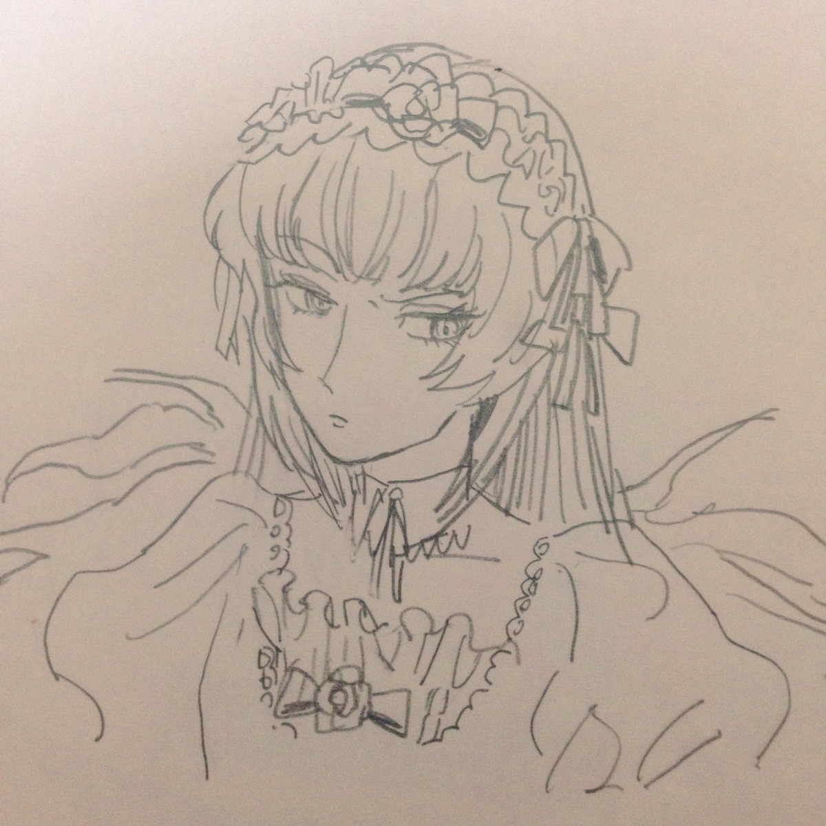 1girl bangs detached_collar eyebrows_visible_through_hair frills hairband image jewelry lolita_hairband looking_at_viewer monochrome necklace solo suigintou traditional_media upper_body