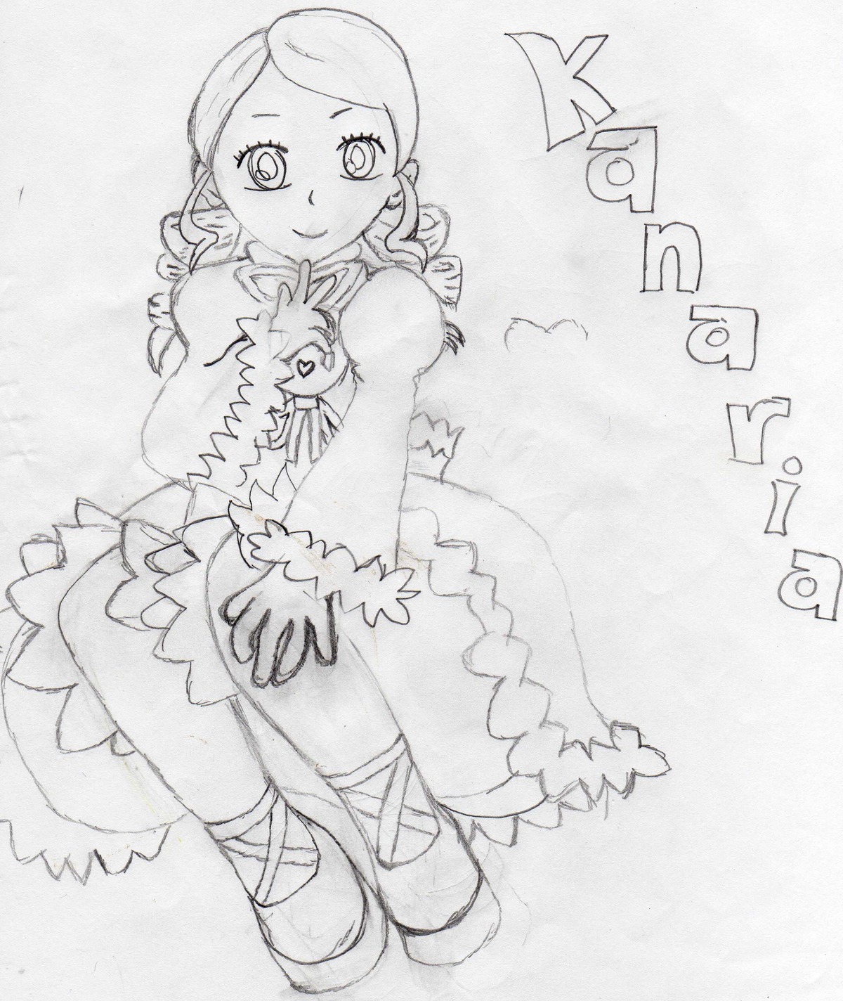 1girl closed_mouth dress drill_hair frills full_body greyscale image kanaria long_sleeves looking_at_viewer monochrome smile solo traditional_media twin_drills