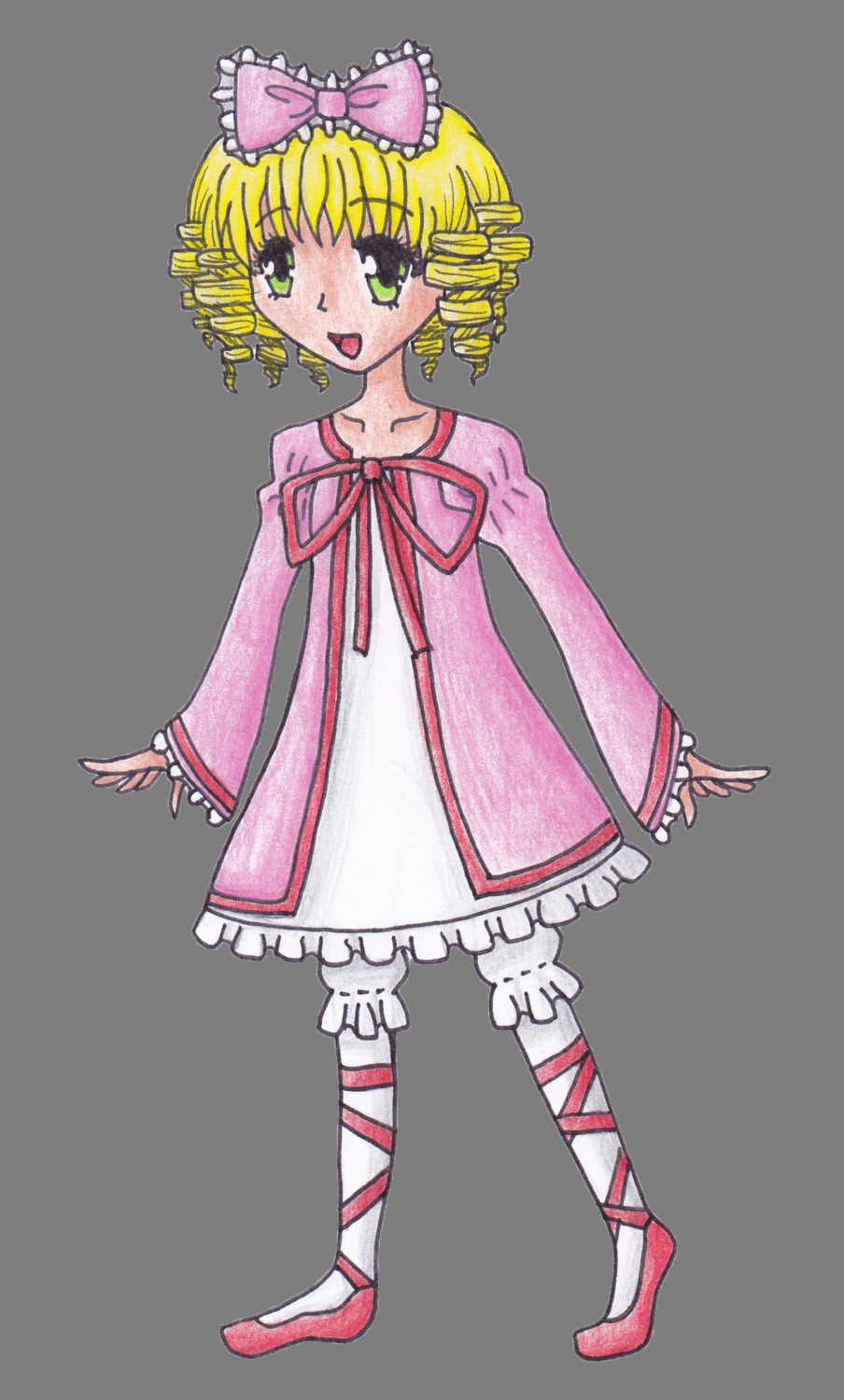 1girl :d blonde_hair bow dress drill_hair frills full_body hair_bow hina_ichigo hinaichigo image long_sleeves looking_at_viewer open_mouth pink_bow pink_dress pink_footwear short_hair simple_background smile solo standing white_background