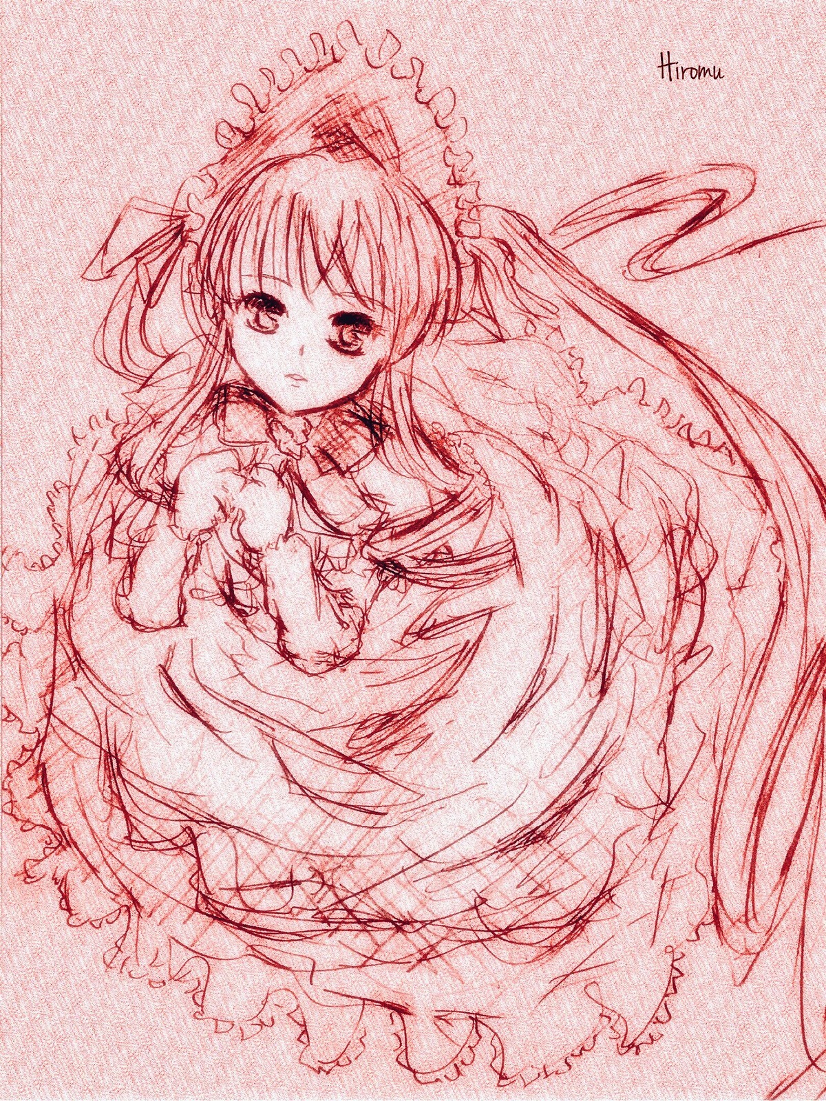 1girl dress frills image long_hair long_sleeves looking_at_viewer monochrome shinku simple_background sketch solo